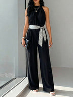 Women'S Spring Summer Black Satin Halter Neck Sleeveless Wide-Leg Jumpsuit with Polka Dot Belt, Light Mature Style Elegant Commuter Trousers - Black