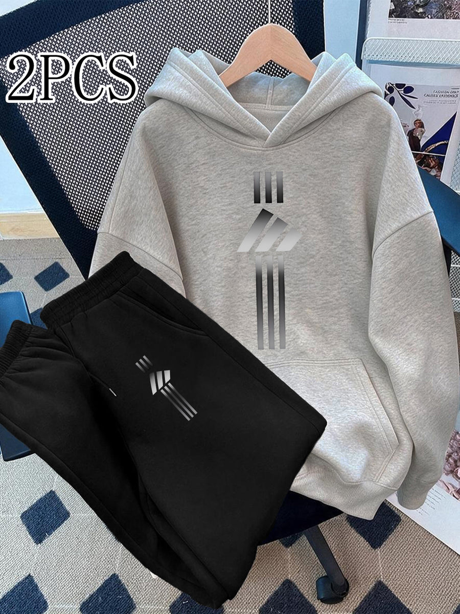 2pcs Value Pack: Stylish and Elegant Y2K Style Sportswear for Women, Suitable for Spring, Autumn, and Winter. Hooded -Lined Sweatshirt + -Lined Long Pants Set. 2pcs Outfit for Indoor and Outdoor Wear. Geometric Print Hooded Top and Long Pants Set. - Grey+Black