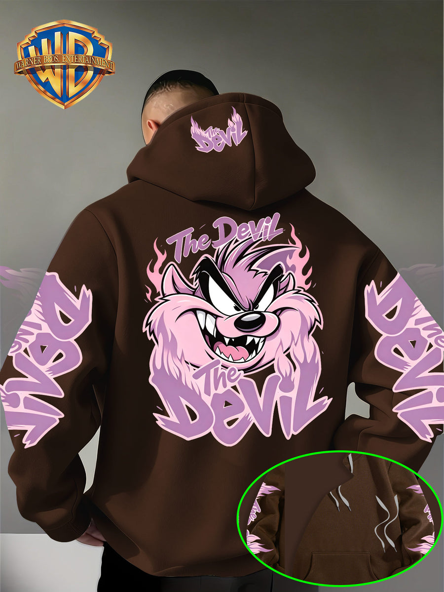 Le Yitong Tasmanian Devil Big Mouth Monster Print Hoodie, with Sleeve Print Design, Kangaroo Pouch And Drawstring Hood, Suitable for Autumn/Winter Casual Wear And Outdoor Activities - Coffee Color