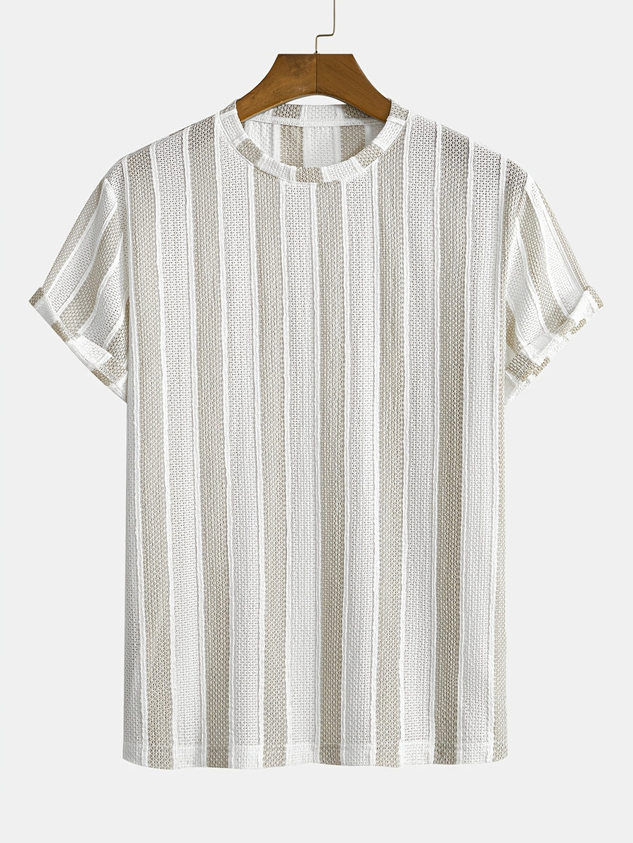 Men'S Vertical Striped Textured Knit T-Shirt, Breathable Jacquard Crew Neck Short Sleeve Tee, Casual Summer Fashion Shirts for Daily Wear - Apricot