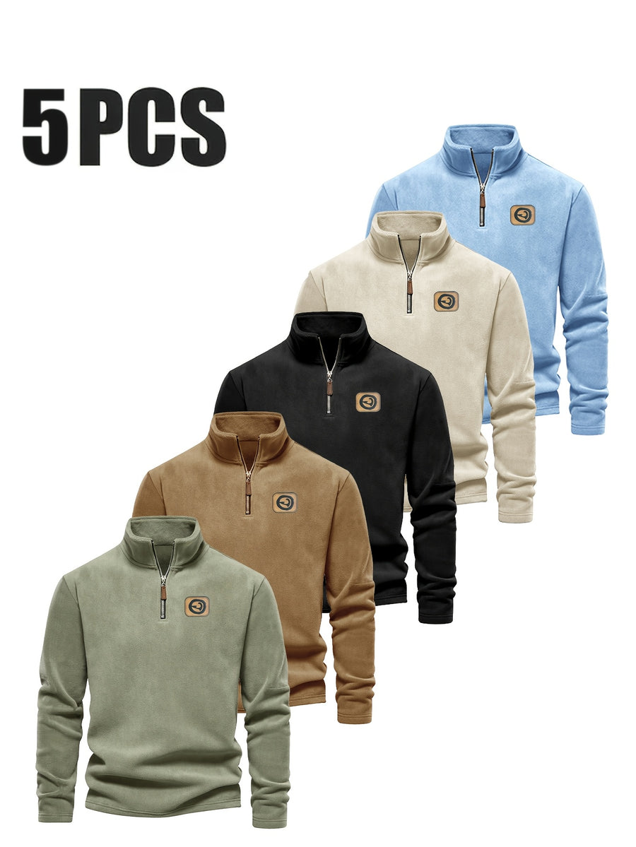 Men's Half-Zip Pullover Top, 5pcs, Soft and Skin-Friendly, Versatile for Daily Casual and Sportswear - Mint Green + Sky Blue + Black + Apricot + Orange