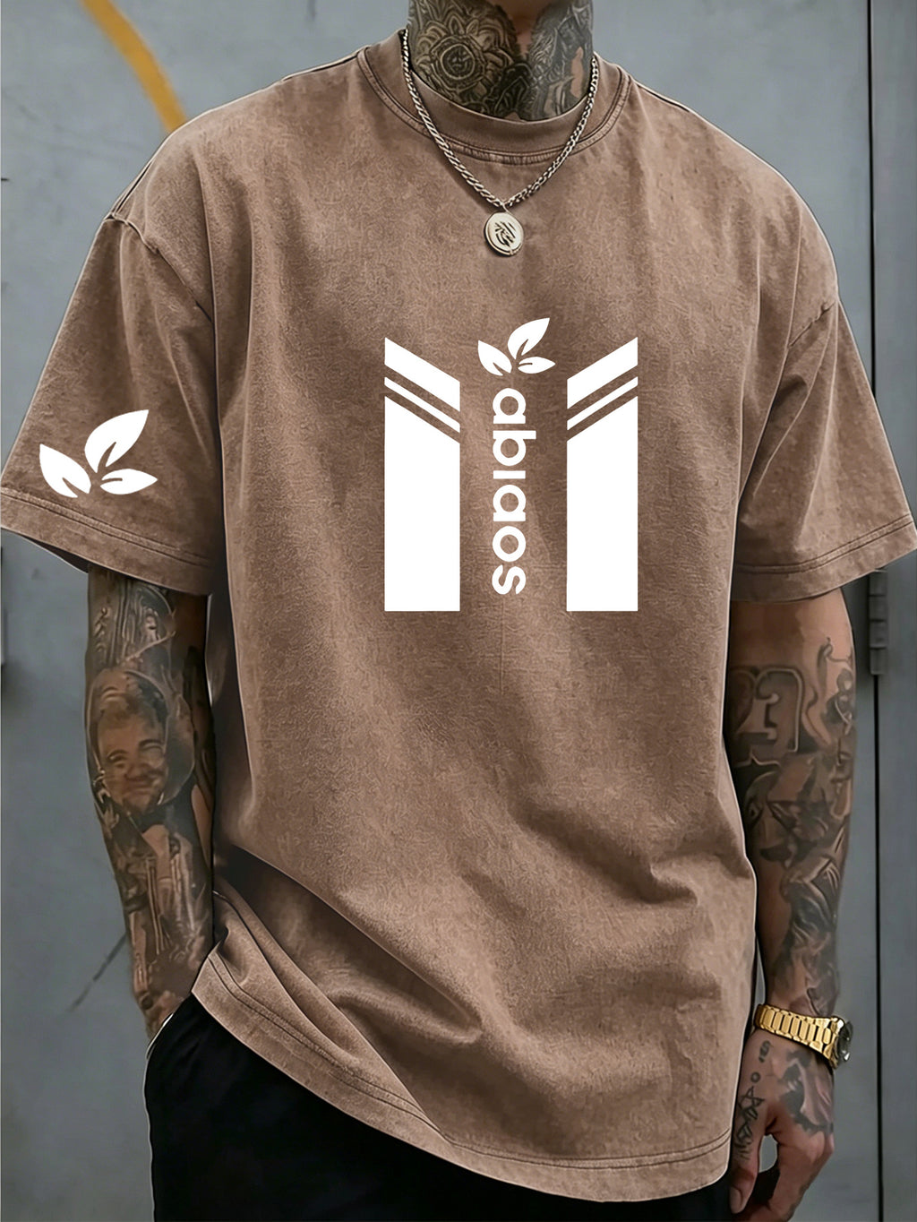 Men's New Arrival Washed Casual Art Letter Print T-Shirt - Geometric Pattern Retro Washed Vintage Short Sleeve Round Neck T-Shirt, Suitable for Everyday Versatile Retro Style, Men's Wear - Coffee Brown