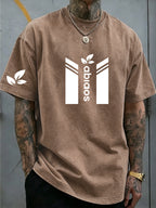 Men's New Arrival Washed Casual Art Letter Print T-Shirt - Geometric Pattern Retro Washed Vintage Short Sleeve Round Neck T-Shirt, Suitable for Everyday Versatile Retro Style, Men's Wear - Coffee Brown