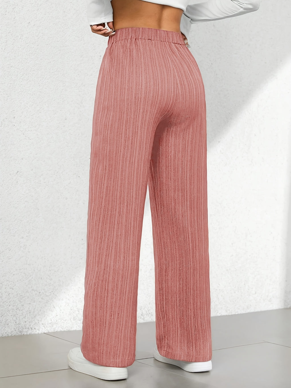 Women's Elegant Straight-leg Trousers with Tree Grain Wrinkle-texture Micro-stretch Fabric, Featuring a Comfortable Elastic Waistband with Drawstring Detail and Side Slant Pockets. Suitable for All Seasons - Peach