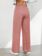 Women's Elegant Straight-leg Trousers with Tree Grain Wrinkle-texture Micro-stretch Fabric, Featuring a Comfortable Elastic Waistband with Drawstring Detail and Side Slant Pockets. Suitable for All Seasons - Peach