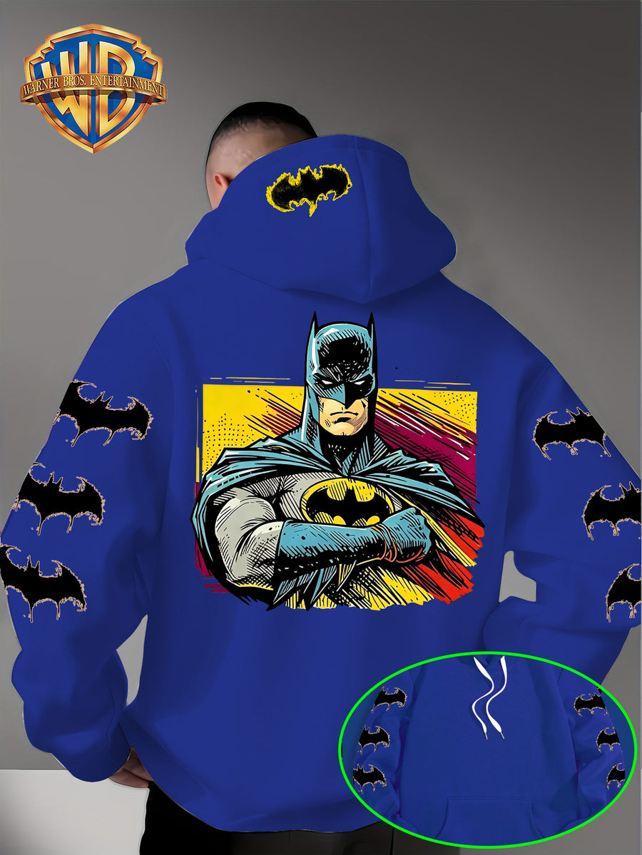 Men'S Hooded Sweatshirt, Batman Classic Image Print, Large Heroic Pattern on Back, Multiple Bat Logos on Sleeves, Exclusive Bat Emblem on Back of Hood, Trendy Street Style Design, Rich Details with Strong Visual Impact - Blue