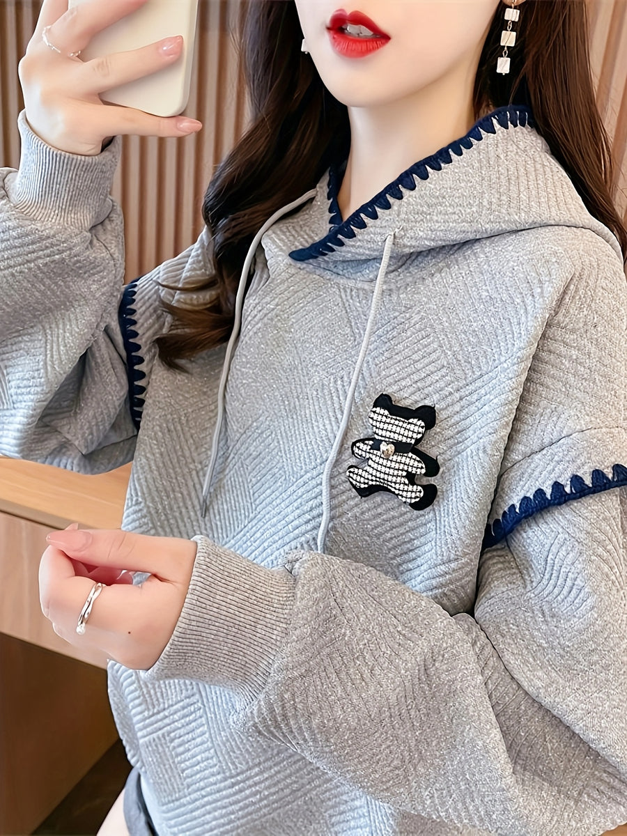 New Style Hooded Color-Blocked Lace 3D Patch Cartoon Waffle Sweatshirt for Women D1222A - Grey