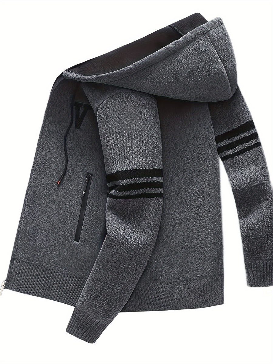 Men'S Striped Fleece Hooded Cardigan, Casual Slightly Stretch Breathable Zip Up Thermal Jacket for Fall Winter Outdoor, Knit - Dark Gray