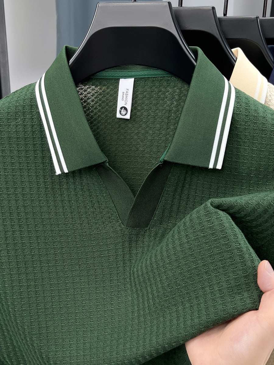 Men'S Scissor Collar Sweater, Summer Short Sleeve Breathable Knit Top, Contrast Striped Collar Design, Casual Knit Top, Summer Thin Breathable V-Neck Short Sleeve T-Shirt, Men'S Top - Dark Green