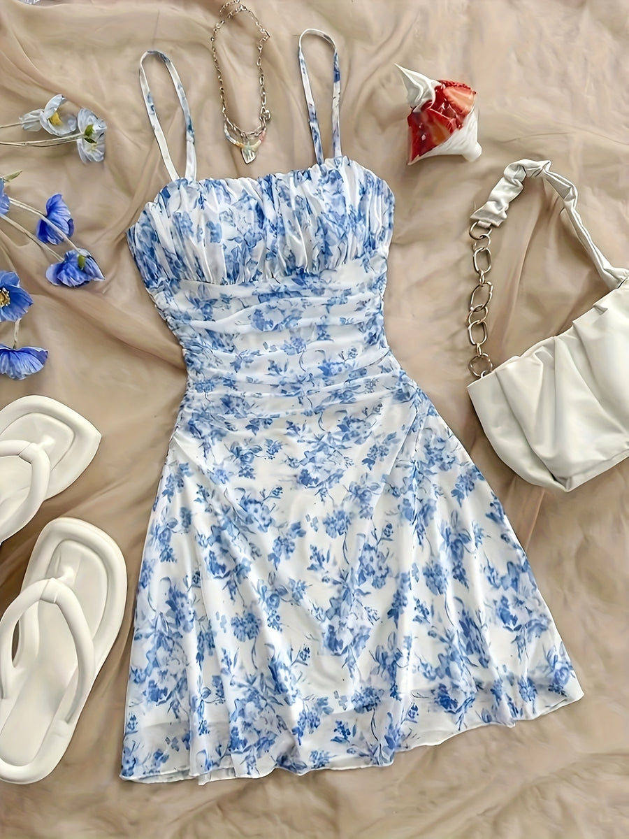 Women'S New Floral Print Halter Dress, Fashionable And Elegant, All-Season Wear - Blue