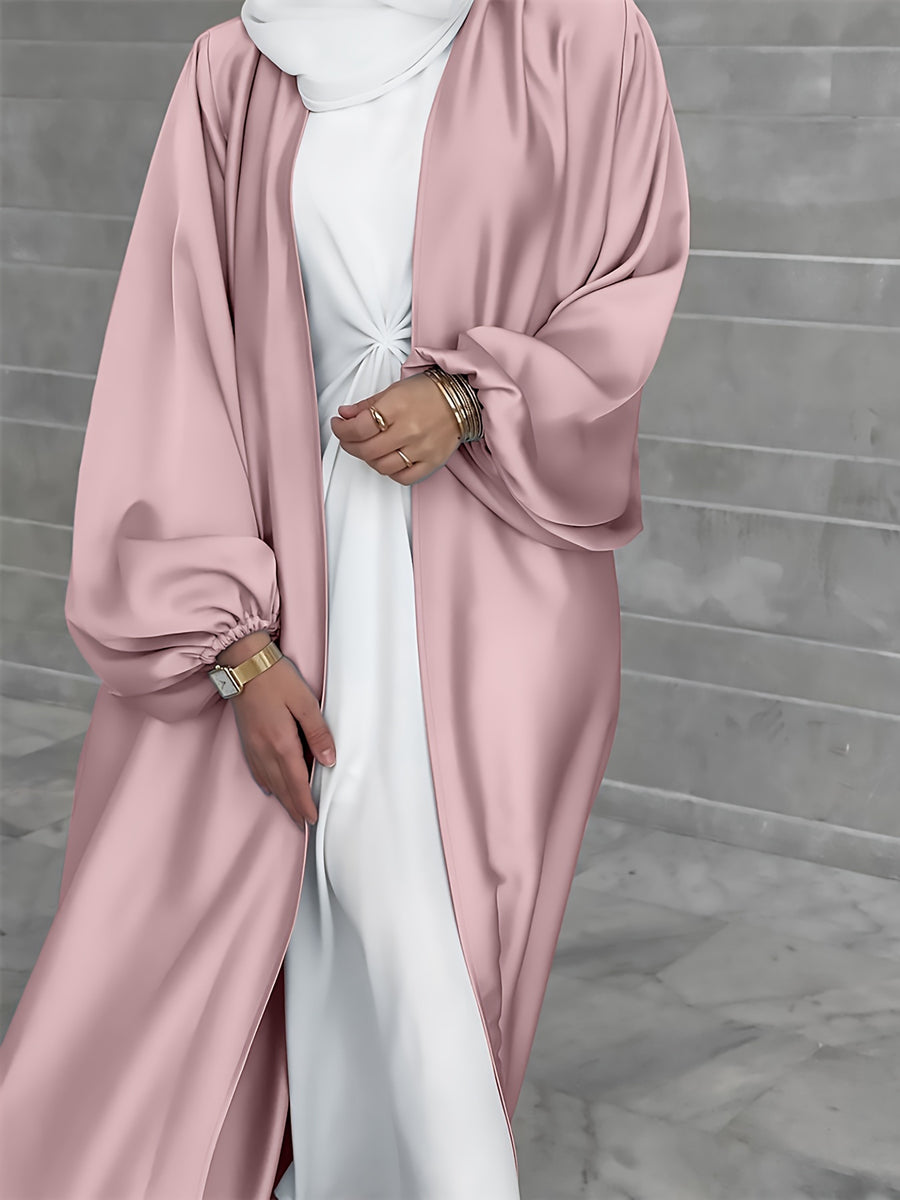 Cross-Border Muslim Women's Satin Bubble Sleeve Robe, Elegant Dubai Middle East Cardigan - Pale Pinkish Gray
