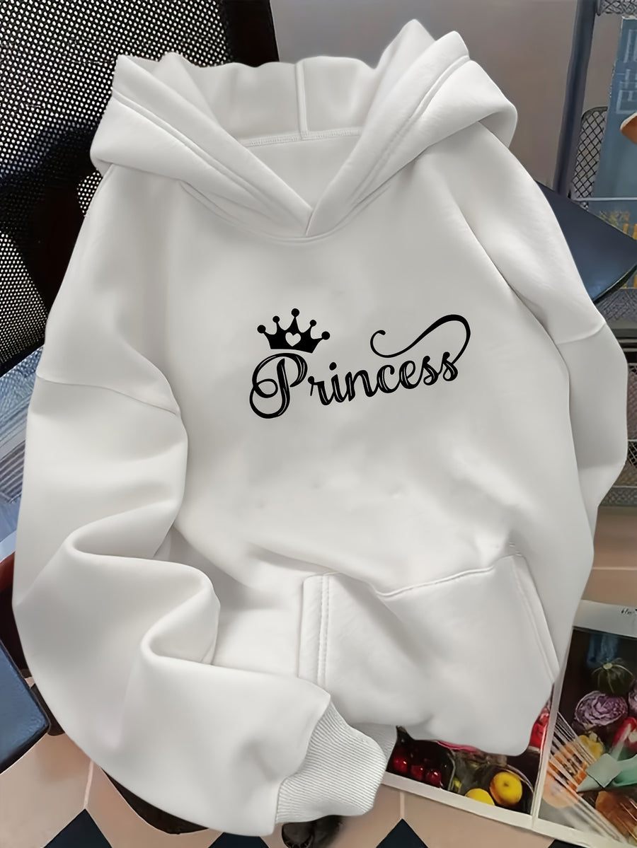 D92-1pc Loose Hooded Sweatshirt, Fashionable Versatile Princess Crown Pattern Printed Hooded Sweatshirt, Spring And Autumn, Women'S Size L15172 - White