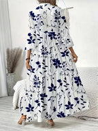 Directional Floral Print V-Neck Pleated Long-Sleeve Dress - White