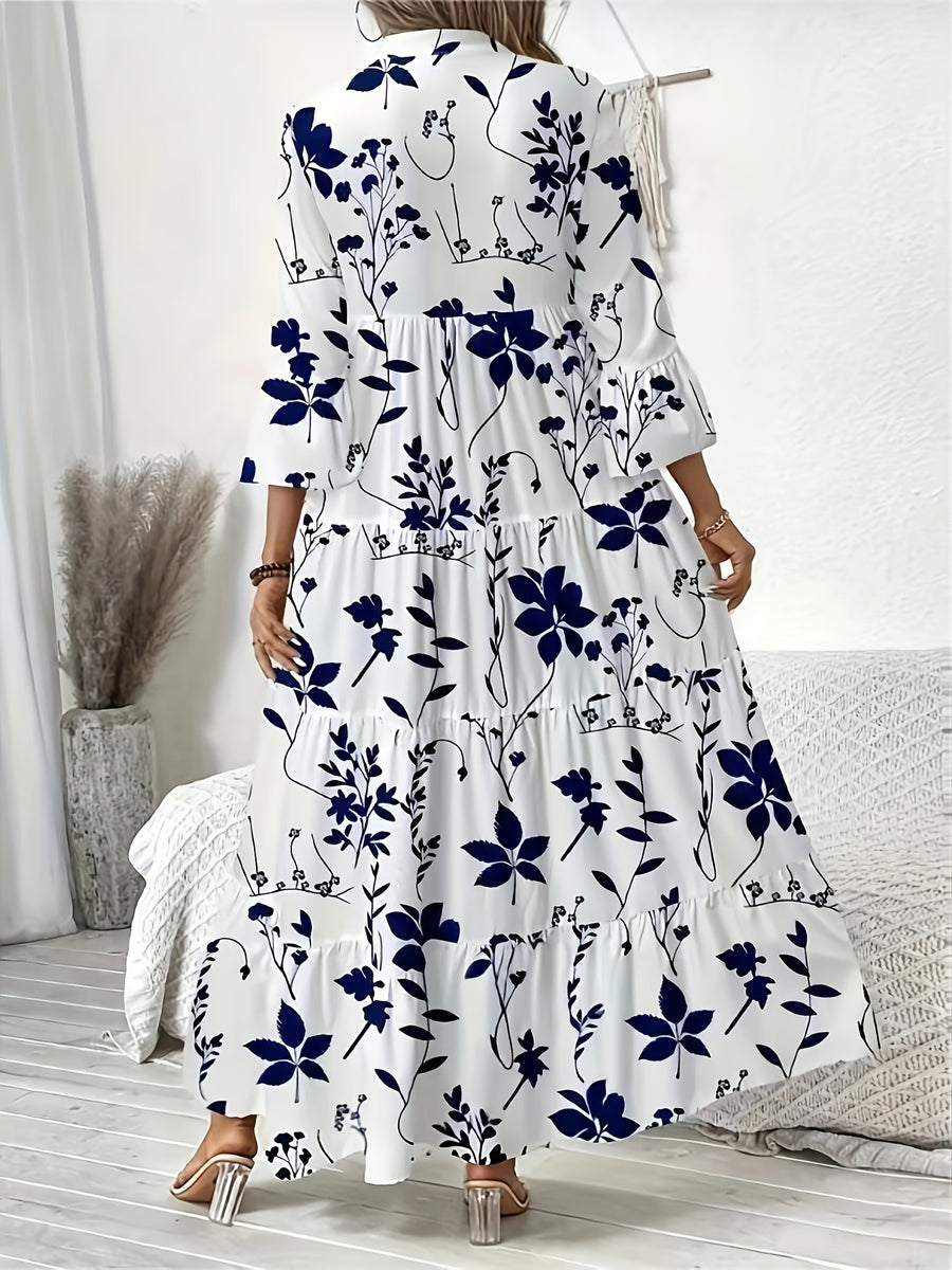 Directional Floral Print V-Neck Pleated Long-Sleeve Dress - White