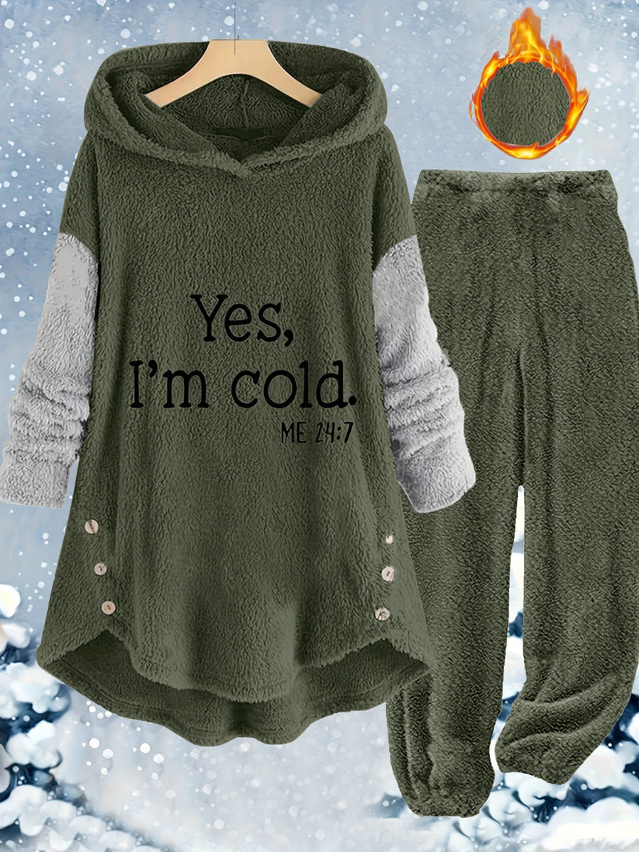 Fashion Women's Casual Autumn/Winter Hooded Long Sleeve Front Print Button Pants Set - Army Green