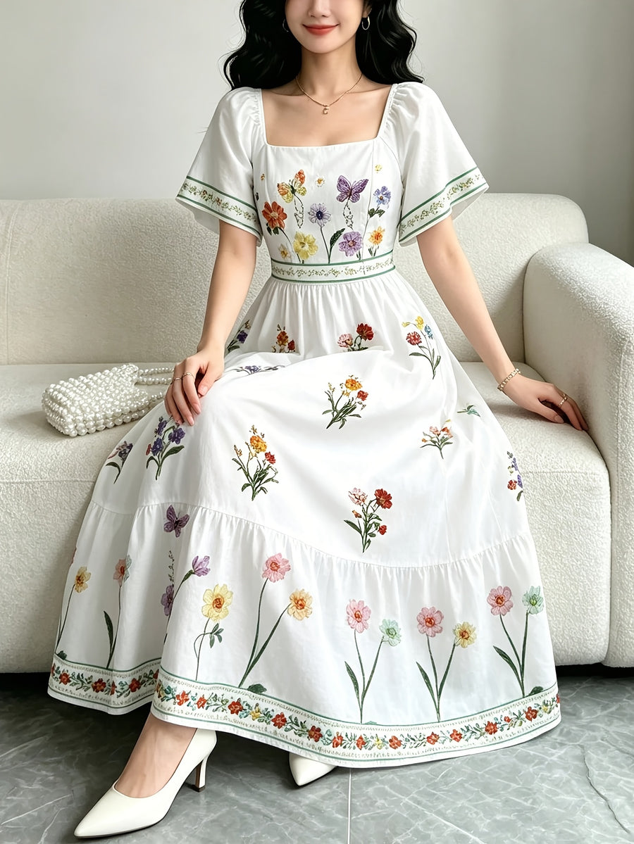 The Summer Floral-Themed Elegant Resort-Style Dress Features a Butterfly Wing Print Design, a Square Neckline And Short Sleeves, Is Equipped with a Waist-Cinching Design, And Has a Moderate Length - Multicolor