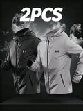 Men'S Spring Summer Solid Color Fashion Print Logo Hooded Jacket Top, Full-Zip Front Lightweight Outdoor Jacket, Athletic Running Thin Coat (2pcs Set) Winter Clothes for Men - Black+light Gray