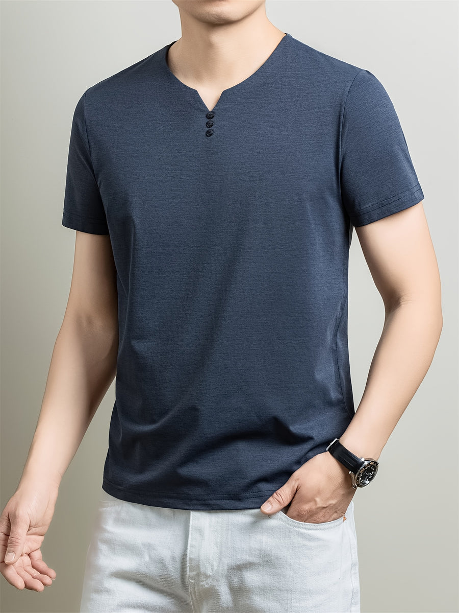 [Qiaoximei OBM] Summer New Men'S Henley Shirt, Collarless Solid Color Top, Faux Button Decoration, Golf Casual Wear, Suitable for Outings And Casual Wear, Men'S Gift - Navy Color