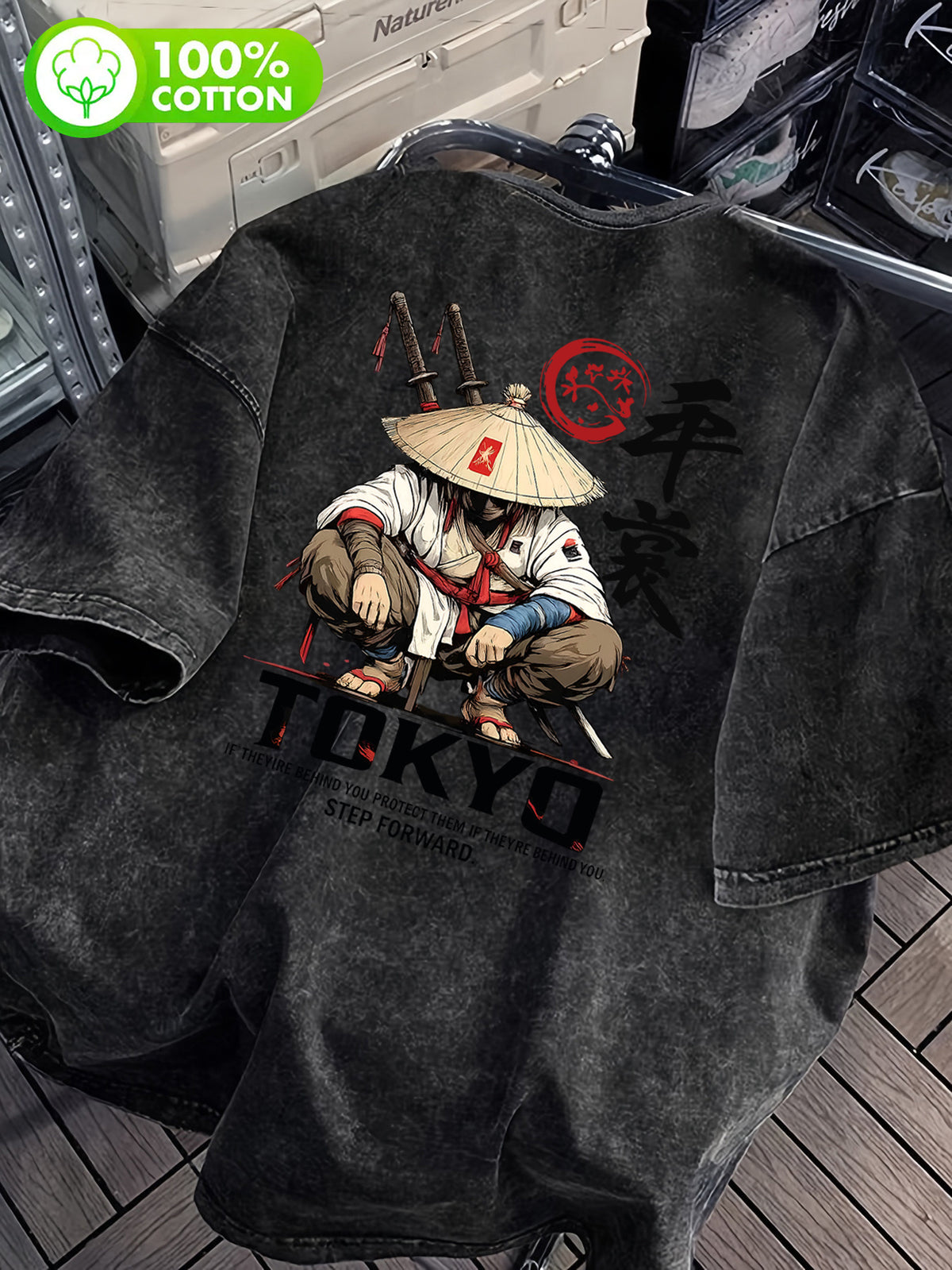 Men's 100% Cotton Washed "Japanese Dark Gothic Style Printed T-Shirt, Samurai Illustration Design, Enhances Outfit Recognizability" Front and Back Double-Sided Print - Casual Cotton Versatile Loose-Fit Summer Crew Neck Short Sleeve - Black