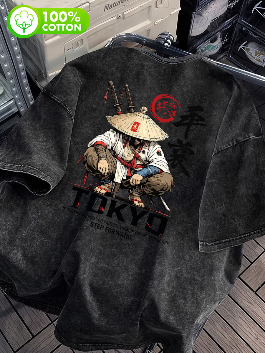 Men's 100% Cotton Washed "Japanese Dark Gothic Style Printed T-Shirt, Samurai Illustration Design, Enhances Outfit Recognizability" Front and Back Double-Sided Print - Casual Cotton Versatile Loose-Fit Summer Crew Neck Short Sleeve - Black