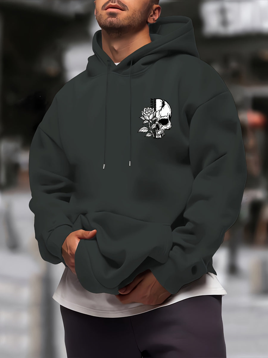 New Trendy Men'S Autumn And Winter Hooded Sweatshirt, Casual Everyday Drawstring Hoodie with Creative Design Print, Kangaroo Pouch Front Pocket, Unisex Tops - Dark Gray