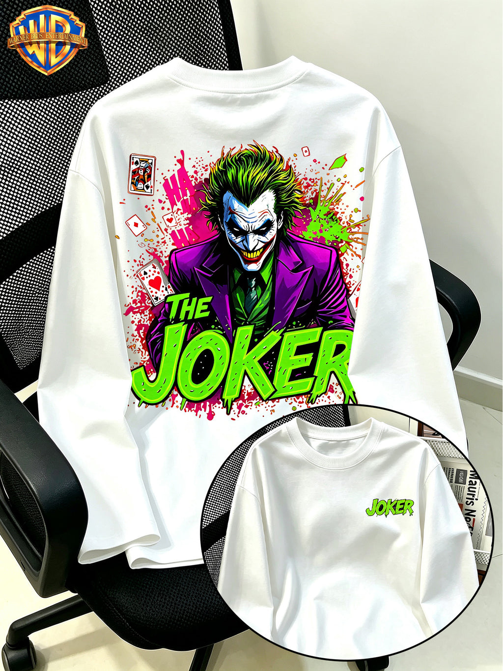 Authorized by Warner Bros., Joker Front And Back Double-Sided Print, Autumn Round Neck Long Sleeve, Fashionable Multifunctional Men'S Clothing, New Casual Loose Outdoor Athletic Breathable Top, Suitable for Daily Outdoor Activities, Gym Wear - White