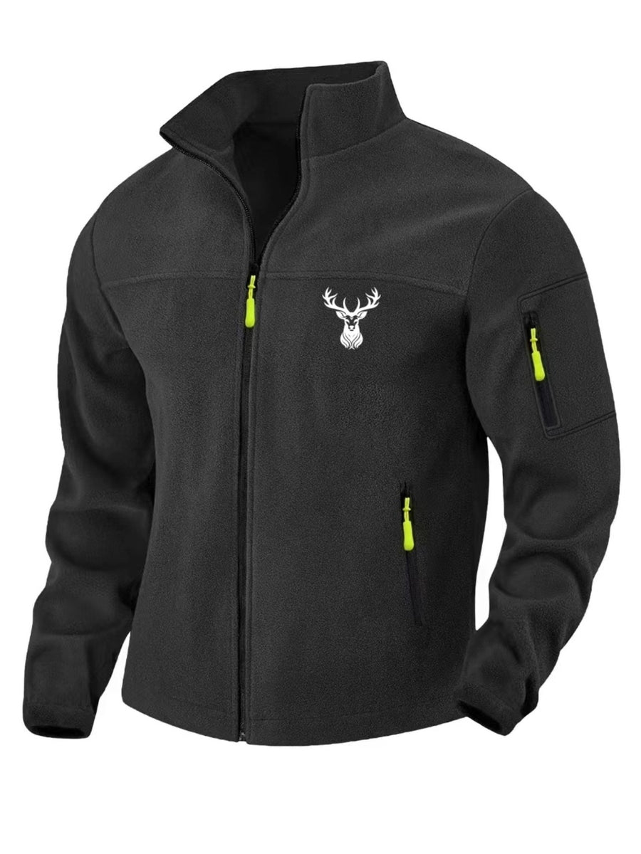 Men'S Autumn Winter Trendy Outdoor Fleece Jacket, Easy Deer Head Print Design, Multi-Zipper Storage Pockets, Suitable for Middle-Aged And Young Adults, Mountaineering Fishing Daily Commuting All-Match Cargo Jacket Top - Black 1