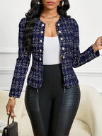 Elegant Women's Autumn/winter Jacket, Single-button Design, Classic Plaid Pattern, Perfect for Autumn and Winter, Ideal for Daily Commutes - Blue