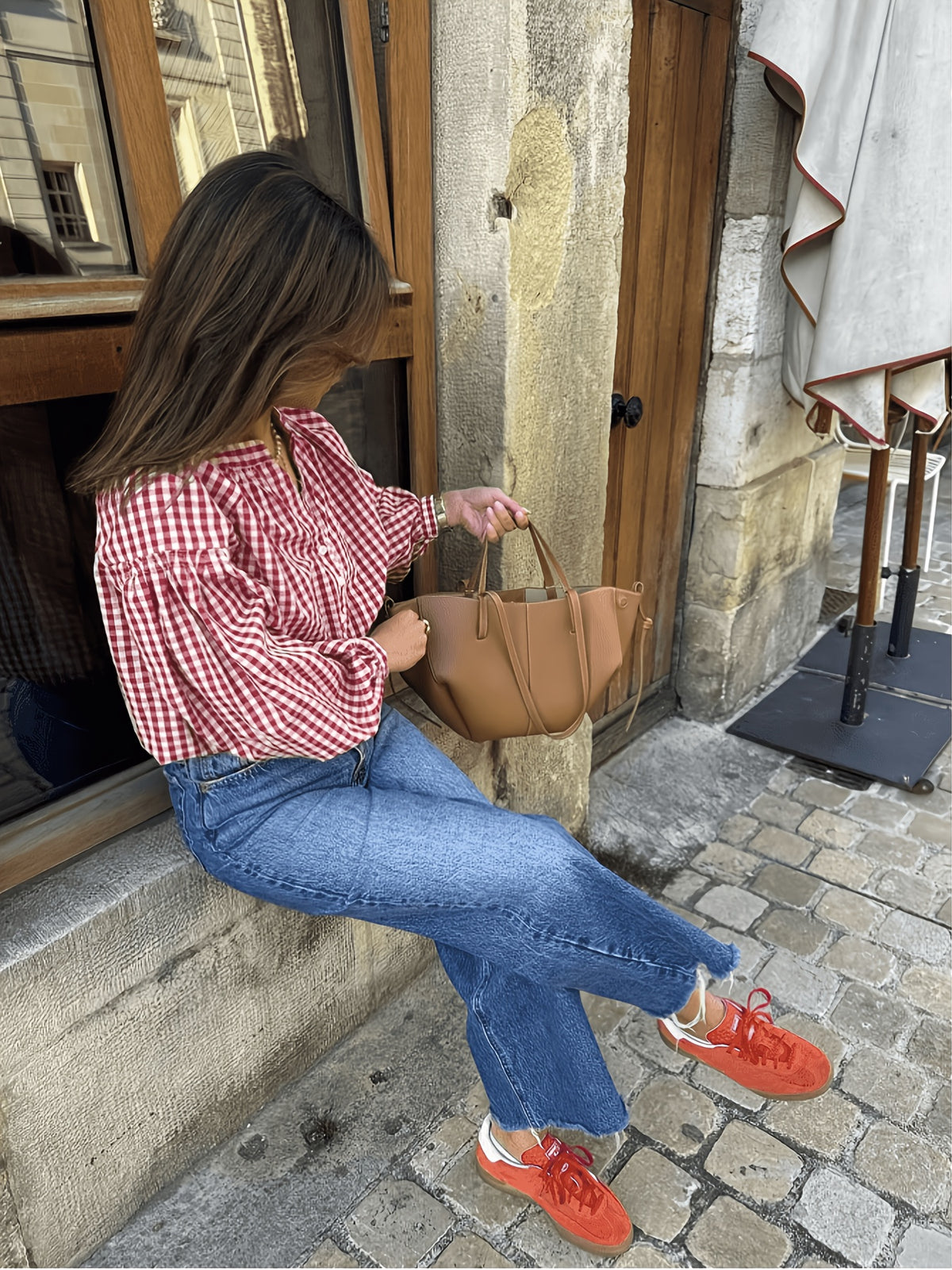 Fresh Plaid V-Neck Loose Fit Commuter Long Sleeve Shirt with Contrast Color Plaid and Front Buttons - Red