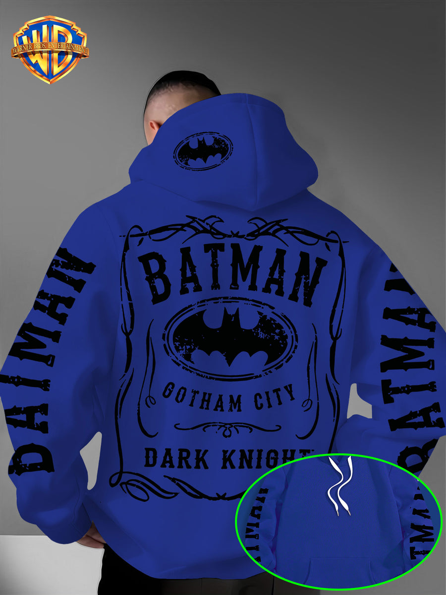 Warner Bros. Authorized American Cool Batman Retro Border Printed Hooded Sweatshirt with Adjustable Drawstring, Comfortable And Warm, Fashionable And Versatile Men'S Casual Sweatshirt, Suitable for Autumn And Winter Wear - Blue