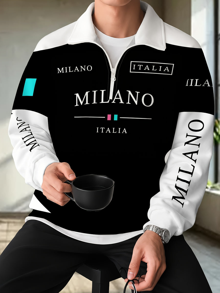 Men'S Half-Zip Lapel Sweatshirt Fashion Letter Print Casual Pullover Trendy Color-Block Patchwork Spring/Autumn Athletic Top Winter Clothes for Men - Mixed Color 1