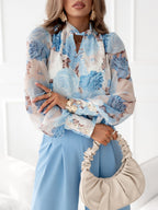 Elegant Women'S Chiffon Printed Long-Sleeved Shirt with Lining, Colorful Floral Patterns Combined with Metal Buckles, Classic Wrap Neckline Design, Exquisite Cuffs Are Eye-Catching, Suitable for Daily Fashion Wear, Vacation And Leisure - Sky Blue