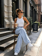 Women's Bright-Colored Stretch Loose Straight-Leg Casual Outing Trendy Denim Pants - Light Blue