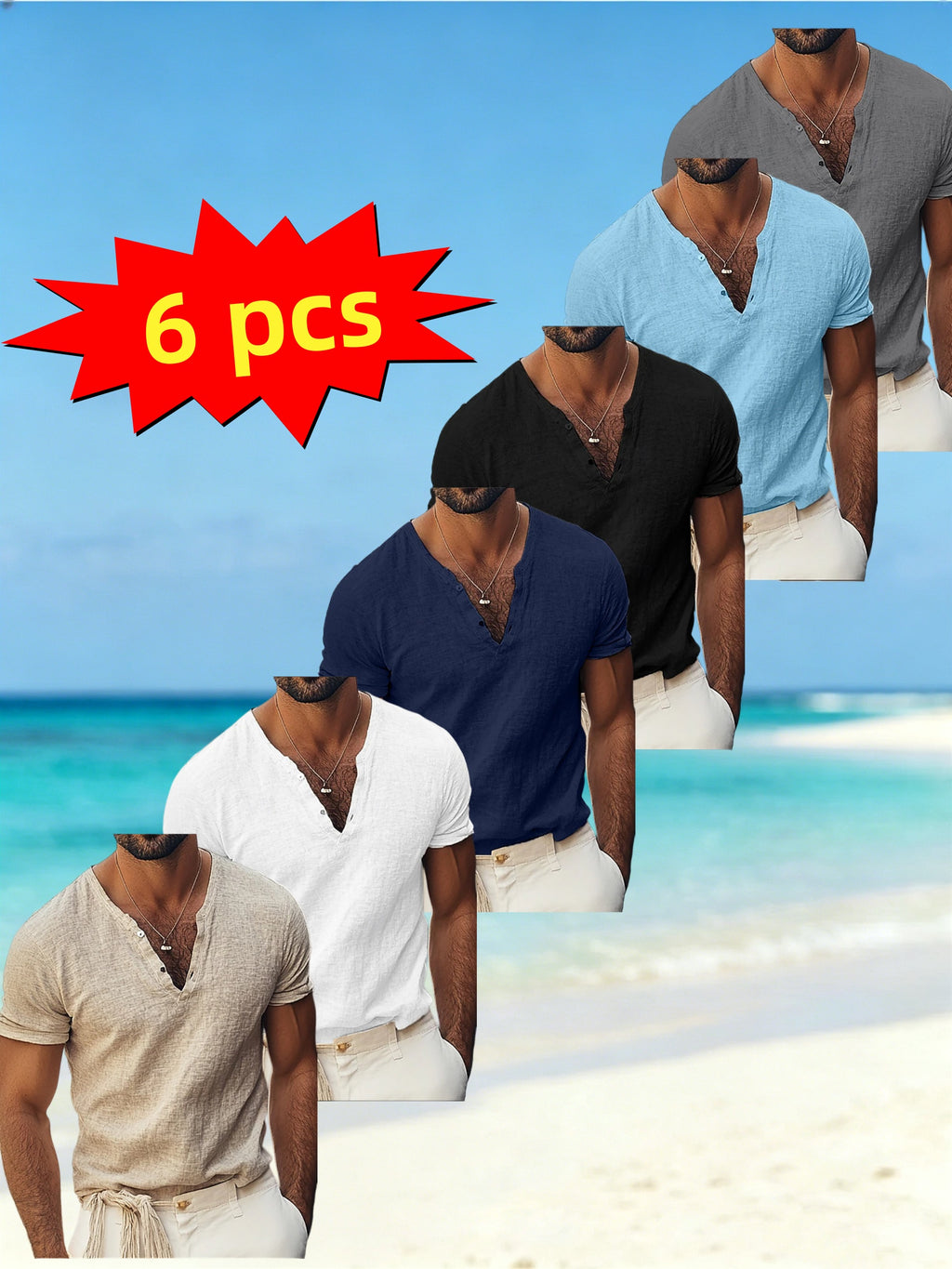 Beach Vacation Style Textured Henley Shirt 6Pcss Set Men'S V-Neck Half-Button Short Sleeve Multi-Color Basic Casual Top 6Pcss - Khaki+White+Navy Blue+Black+Blue+Grey