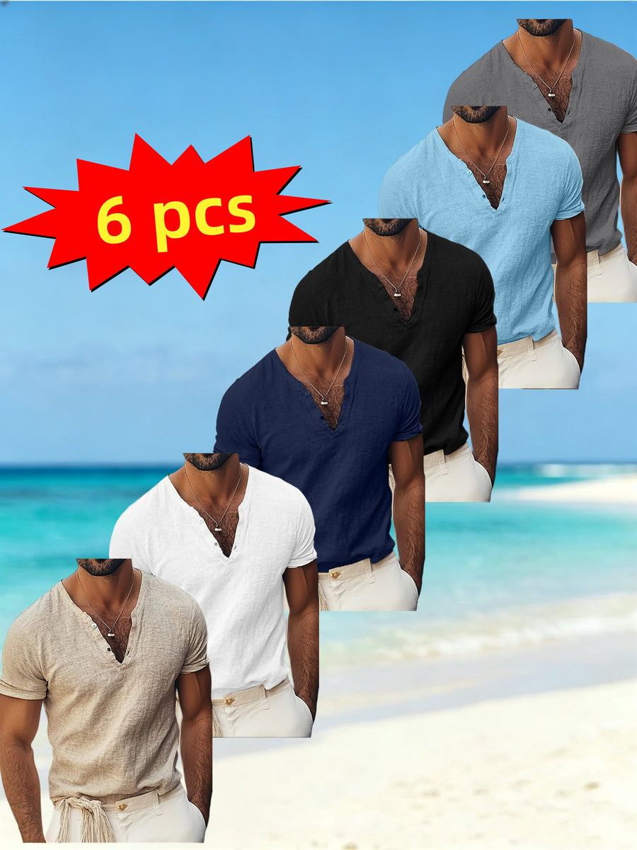 Beach Vacation Style Textured Henley Shirt 6Pcss Set Men'S V-Neck Half-Button Short Sleeve Multi-Color Basic Casual Top 6Pcss - Khaki+White+Navy Blue+Black+Blue+Grey