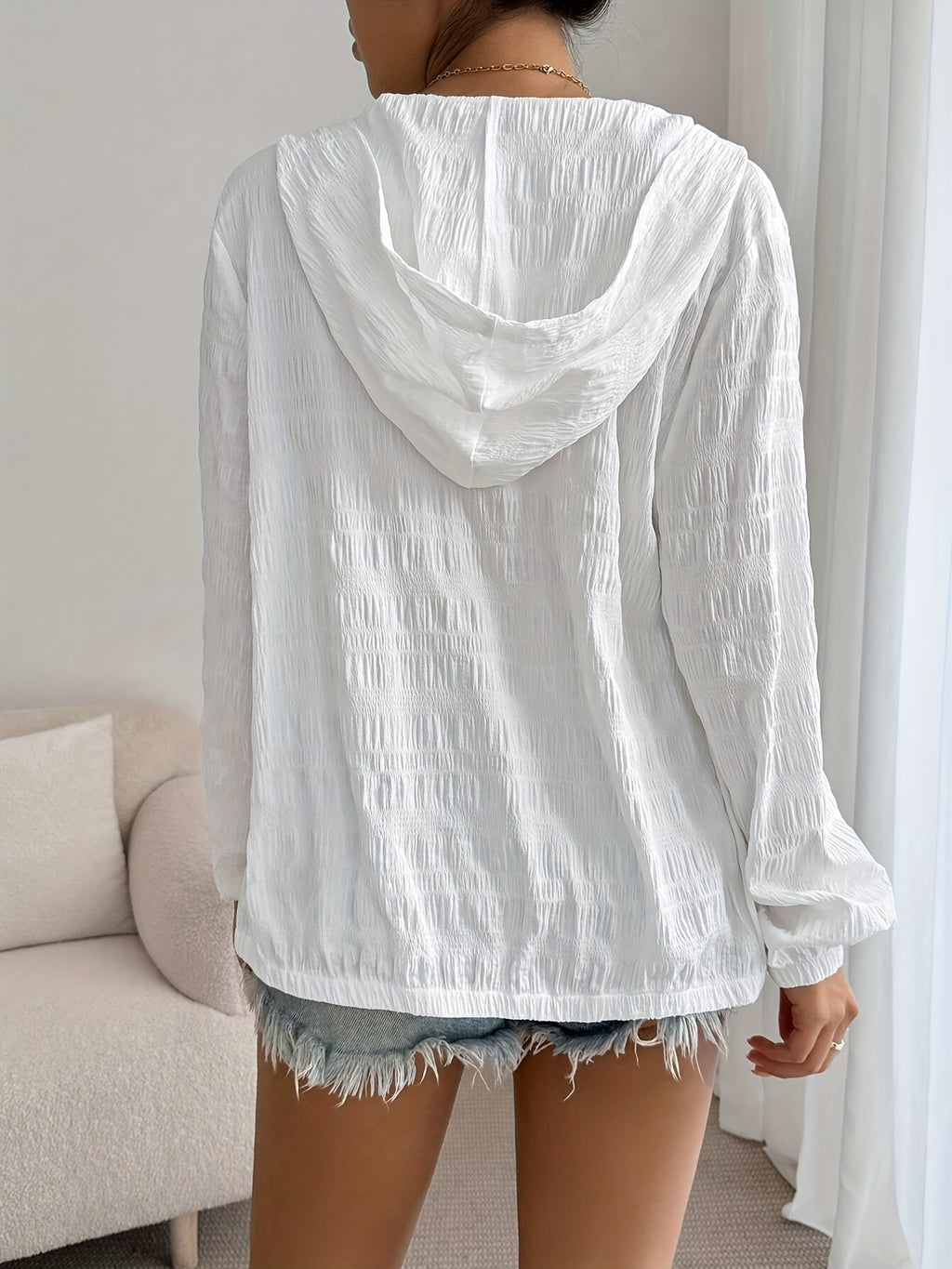 Comfortable Comfortable | Women'S Lightweight White Hooded Jacket - Casual Pleated Design, Zipper Closure, Long Sleeves, Machine Washable - Versatile Outerwear for All Seasons - White