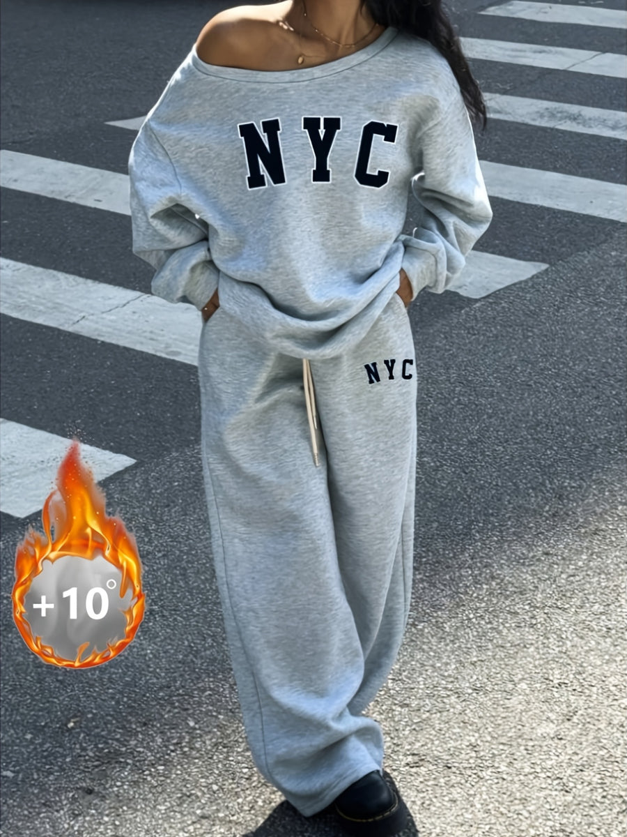 Autumn Winter Fleece Sweatshirt Set, Off-Shoulder Letter Print Top And Letter Print Long Pants (2pcs Set) - Light Grey