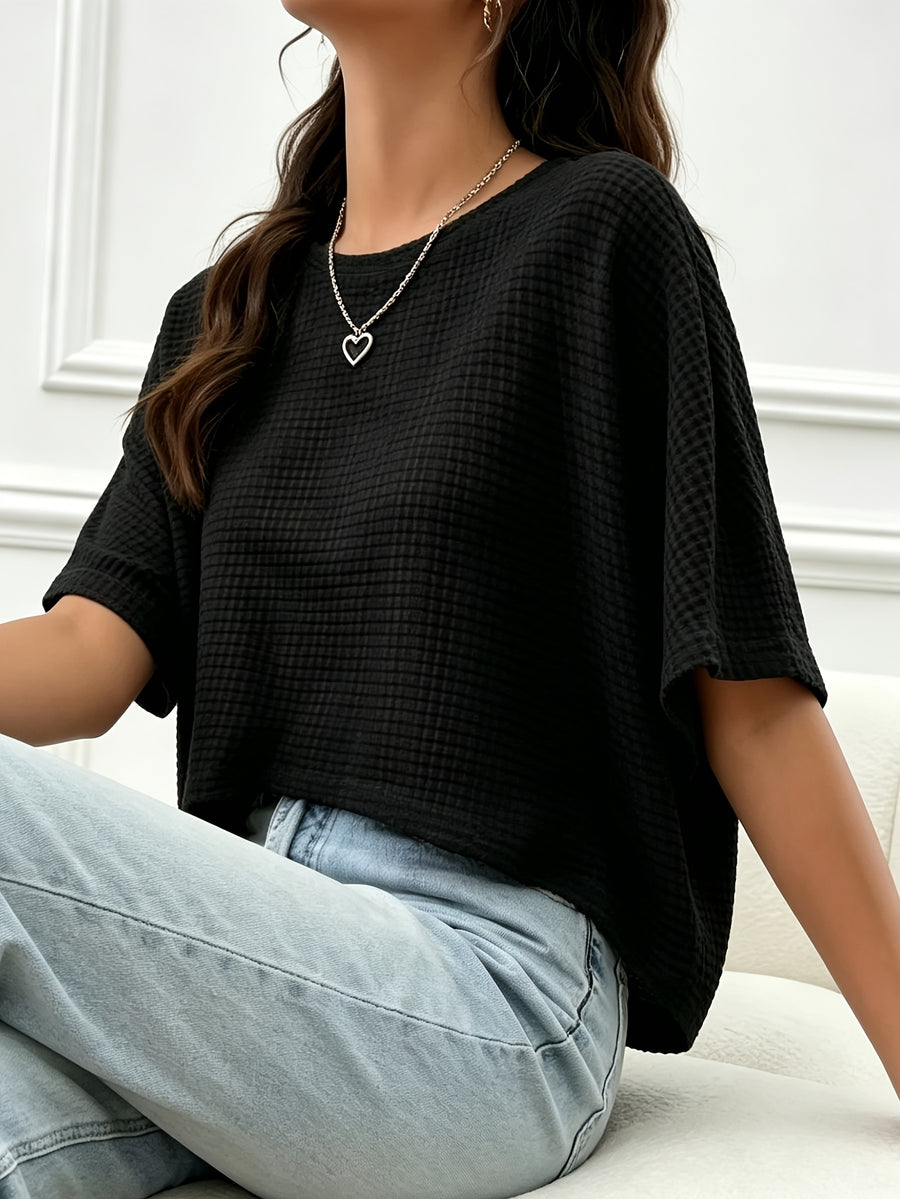 Women's Casual Loose-Fit Waffle Short Crop Crew Neck Short Sleeve T-Shirt for Daily Commuting - Black