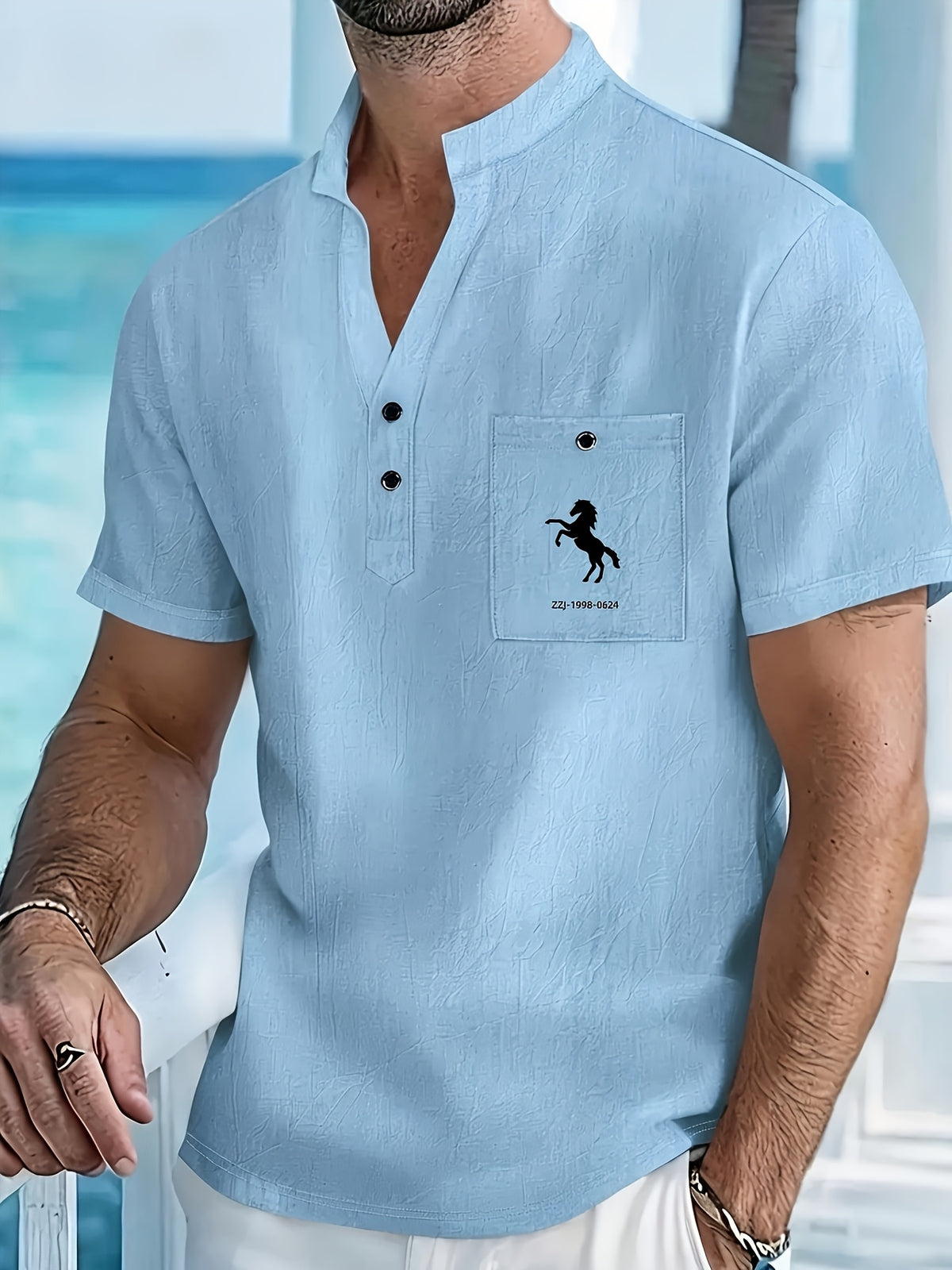 [Shule Shui OBM]New Men's Casual Henley Shirt Suitable for Parties and Dates - Sky Blue