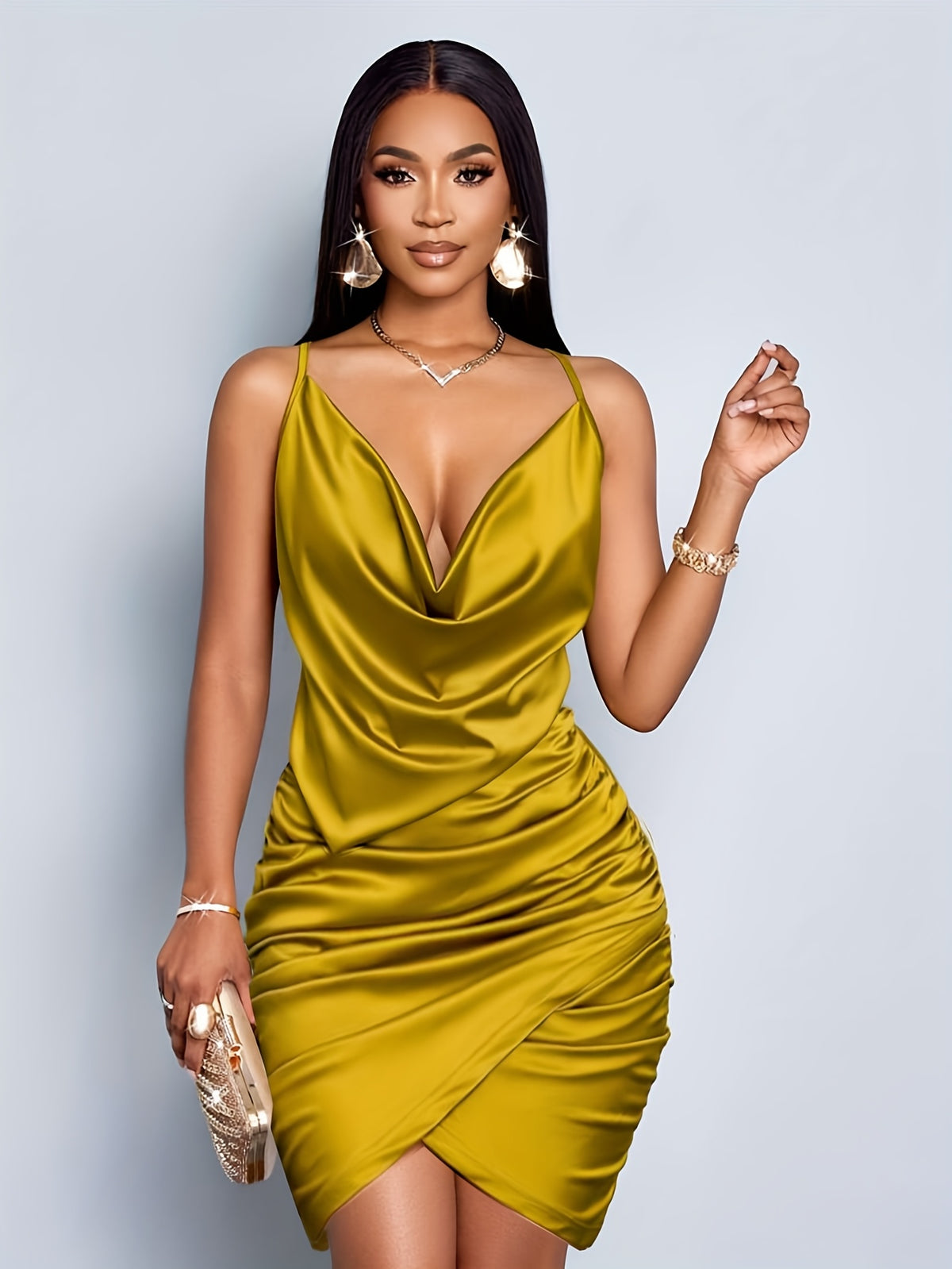Women's Dress [V-Neck Sheath Dress] Elegant V-Neck Sleeveless Sheath Dress | Chic Solid Colour, Pleated Details, Ruffle Details, | for All Seasons, Sophisticated Style - ginger-colored