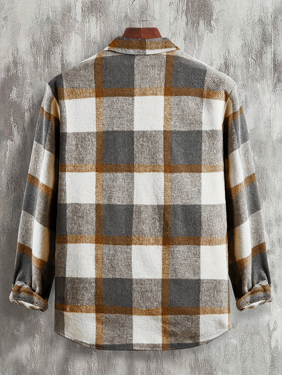 Autumn/Winter Men's Casual Jacket, Vintage Plaid Lapel Long-Sleeve Shirt Top, Button-Up Cardigan Outerwear, Chest Pocket Design, for Outdoor Sports and Daily Wear, Stylish and Versatile Style - Mixed colors