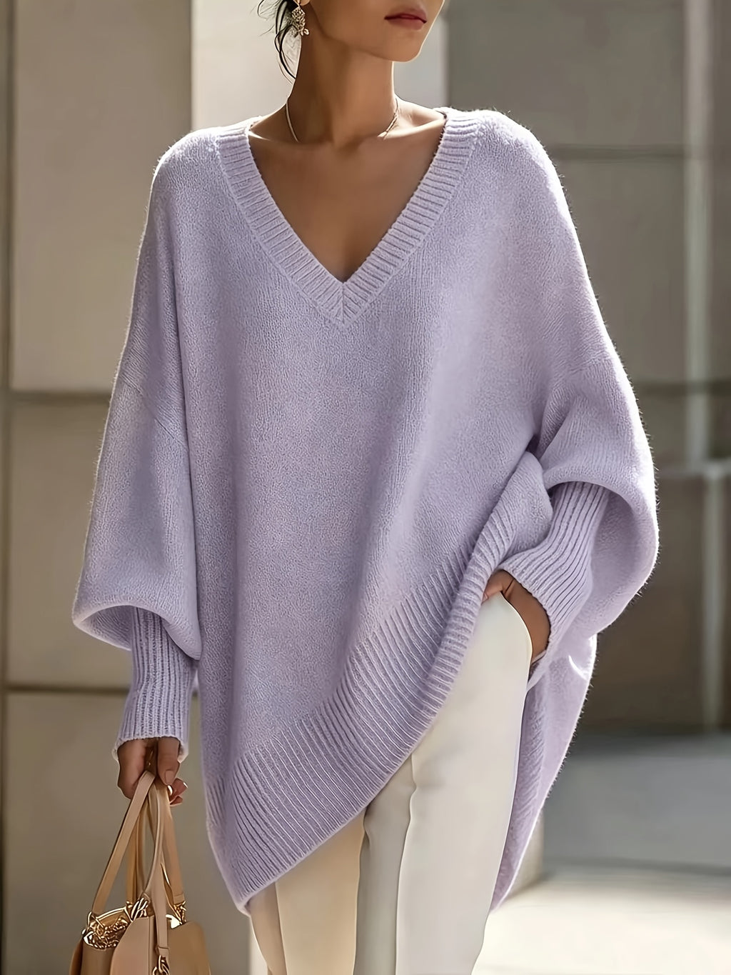 Plus Size - French Casual Style Plus Size V-Neck Sweater Women'S Loose Batwing Sleeve Solid Soft Pullover Sweater Autumn Winter Premium Top - Lavender