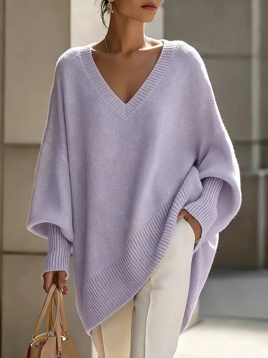 Plus Size - French Casual Style Plus Size V-Neck Sweater Women'S Loose Batwing Sleeve Solid Soft Pullover Sweater Autumn Winter Premium Top - Lavender
