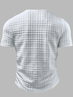 Men's Fashion Top, Spring/Summer Outdoor Casual Textured Jacquard Fabric, Notched V-Neck with Badge, Short Sleeve Zipper Pocket Design, Men's T-Shirt Henley Shirt - White