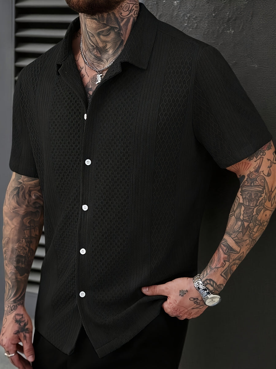 Men'S Solid Color Knitted Short Sleeve Shirt - Black