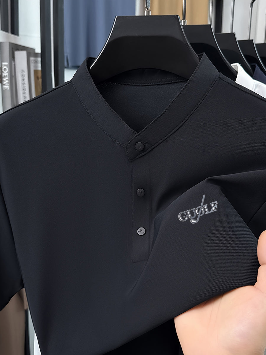 Maqiqi OBM Men's Chinese Style Henley Shirt - Breathable Short-Sleeve -Front Collar Polo, Half-Open Placket Stand Collar Tunic for Business Casual Wear, Layering Base Layer Top Suitable for Office, Golf, Running Gift - Black