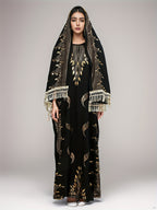 Middle Eastern Muslim Long Kaftan Dress with Tassel Headscarf Set, Elegant Round Neck Batwing Sleeve Dress, Women's Loose Shawl Cover-Up - Champagne