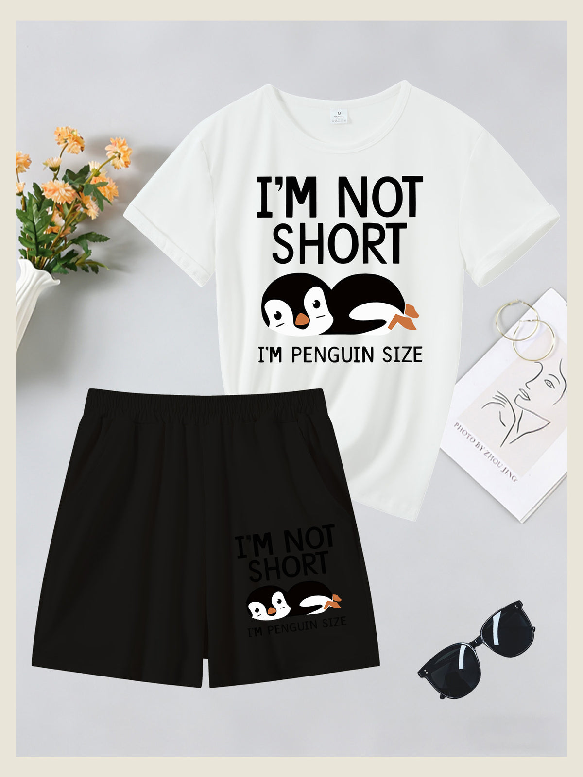 2pcs Women'S Summer Short Sleeve Set - I'M NOT SHORT Fun Penguin Print Short Sleeve And Shorts Outfit, Comfortable, Soft, Breathable Sportswear for Daily Wear, Suitable For, Campus, Valentine'S Day, Women'S Pajamas, Jogging, Fitness - White+black