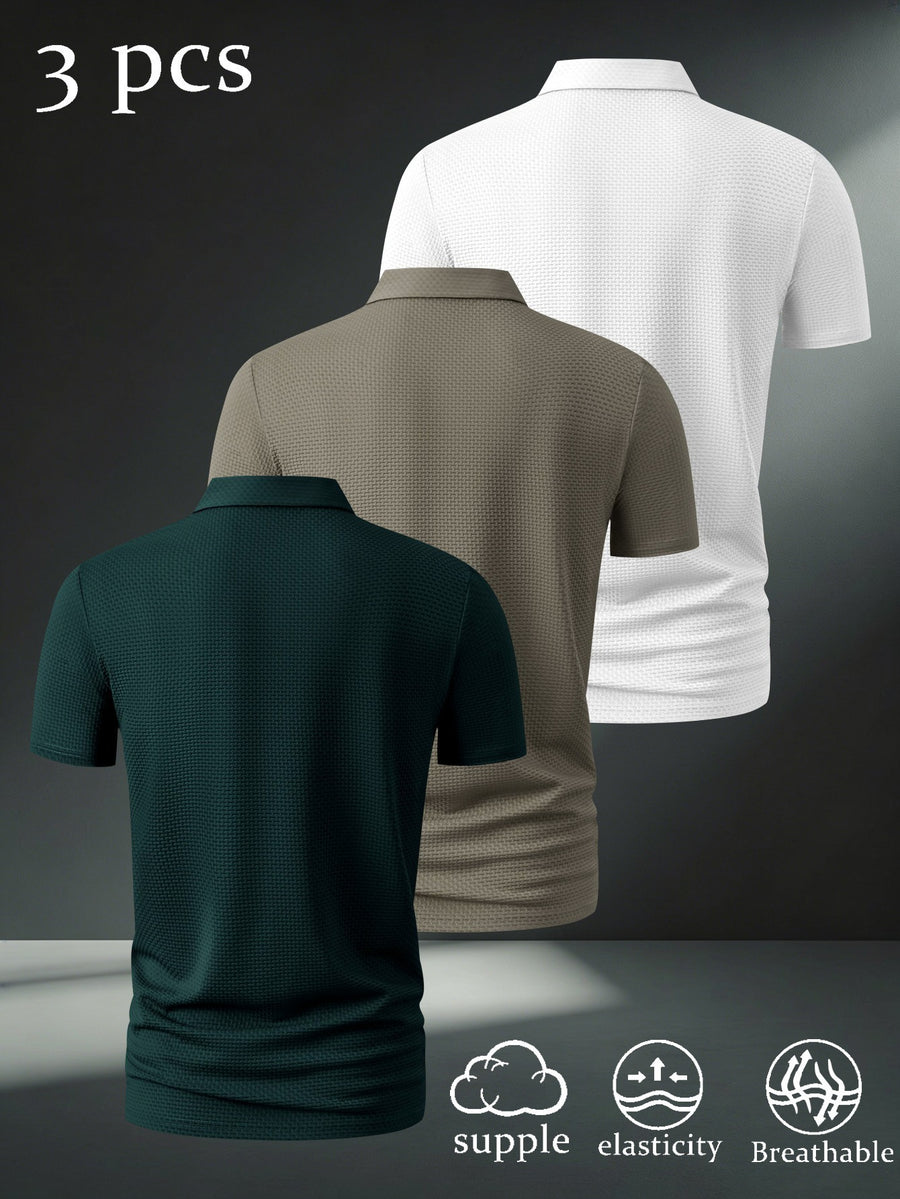 3pcs Men'S Casual Polo Shirt Set, Creative Print Patterns, Short Sleeve, Golf And Outdoor Sports Apparel, Breathable Comfortable Fabric, Regular Fit - Dark green + khaki + white