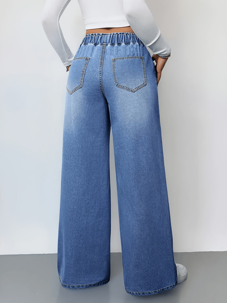 Drawstring Waist Wide Leg Jeans | High Waist, Non-Stretch Fabric, Solid Color, Long Length, Casual Style For Weekend Casual - Vibrant Blue